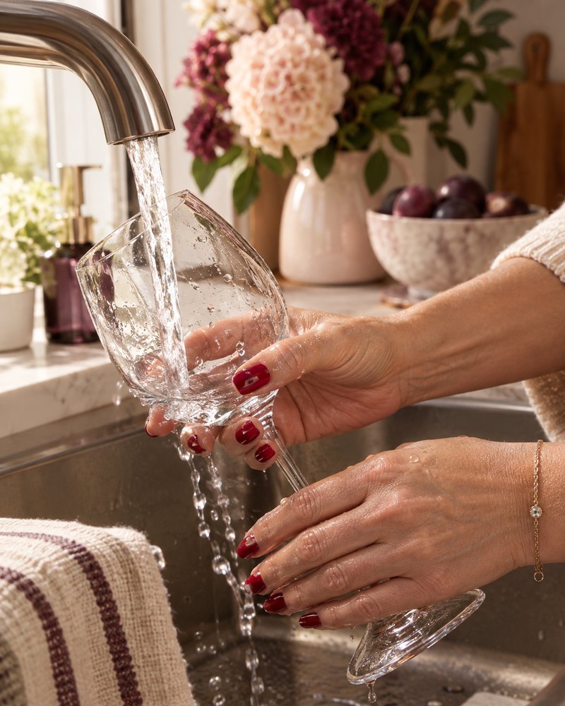 Painted nails rinsing a glass under the tap