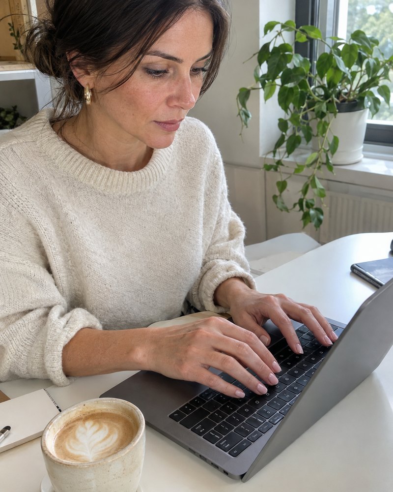 Painted nails typing on a laptop