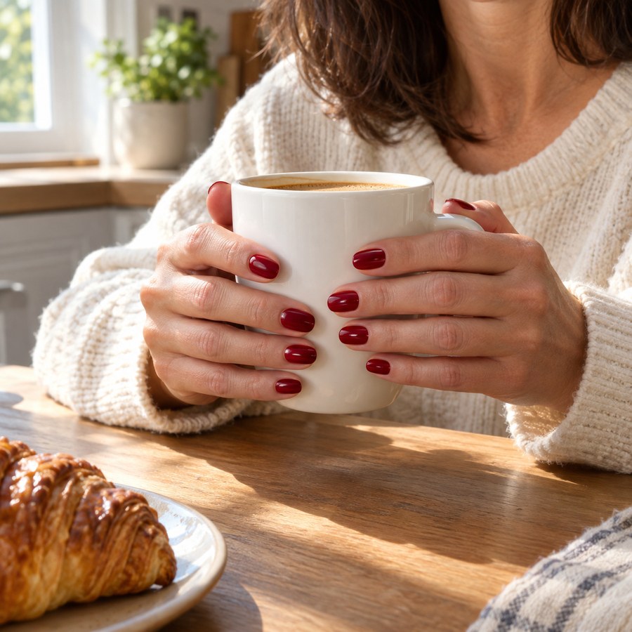 Hands with glossy cherry nails holding a coffee