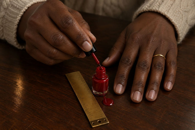 Hands holding a tiny nail polish cap next to a ruler