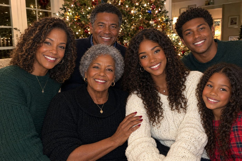 A grandmother in the front row of a Christmas photo, red nails in plain sight