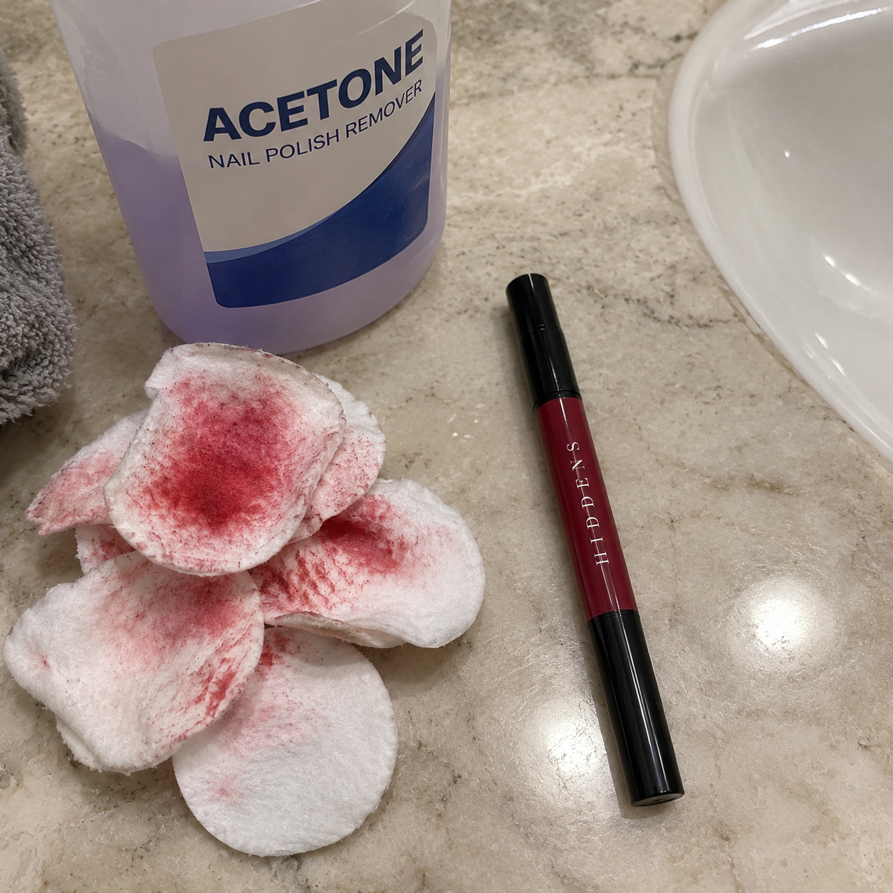 A bottle of acetone and stained cotton pads next to a single capped pen
