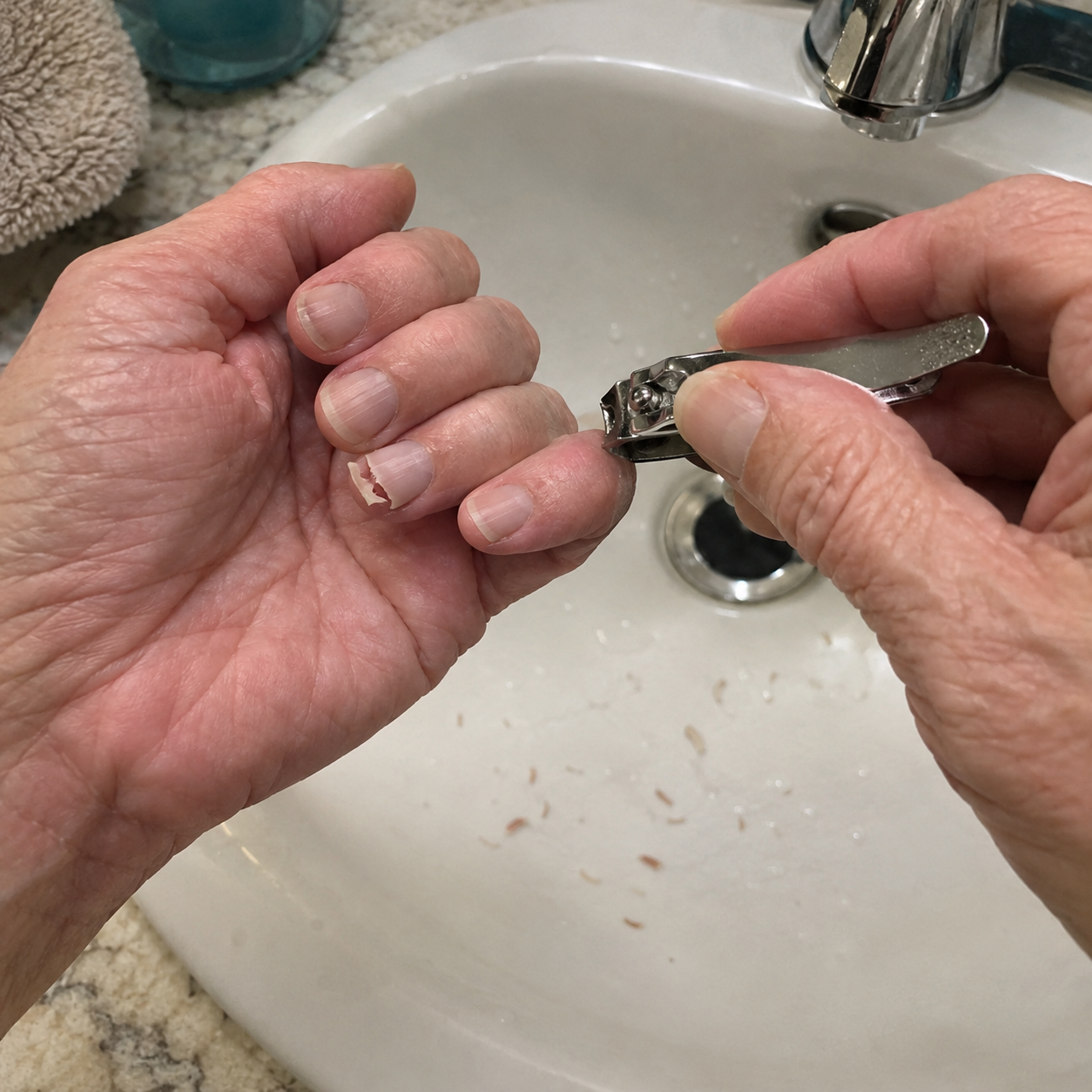 Clipping all ten nails short over a sink