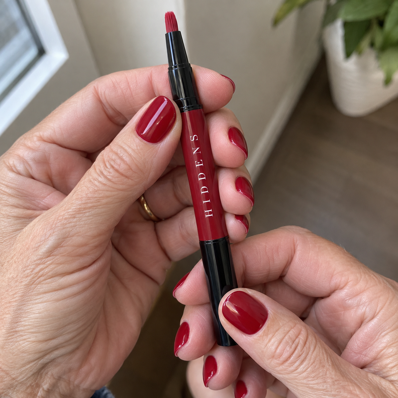A woman's hand holding the HIDDENS Signature Pen, glossy cherry nails