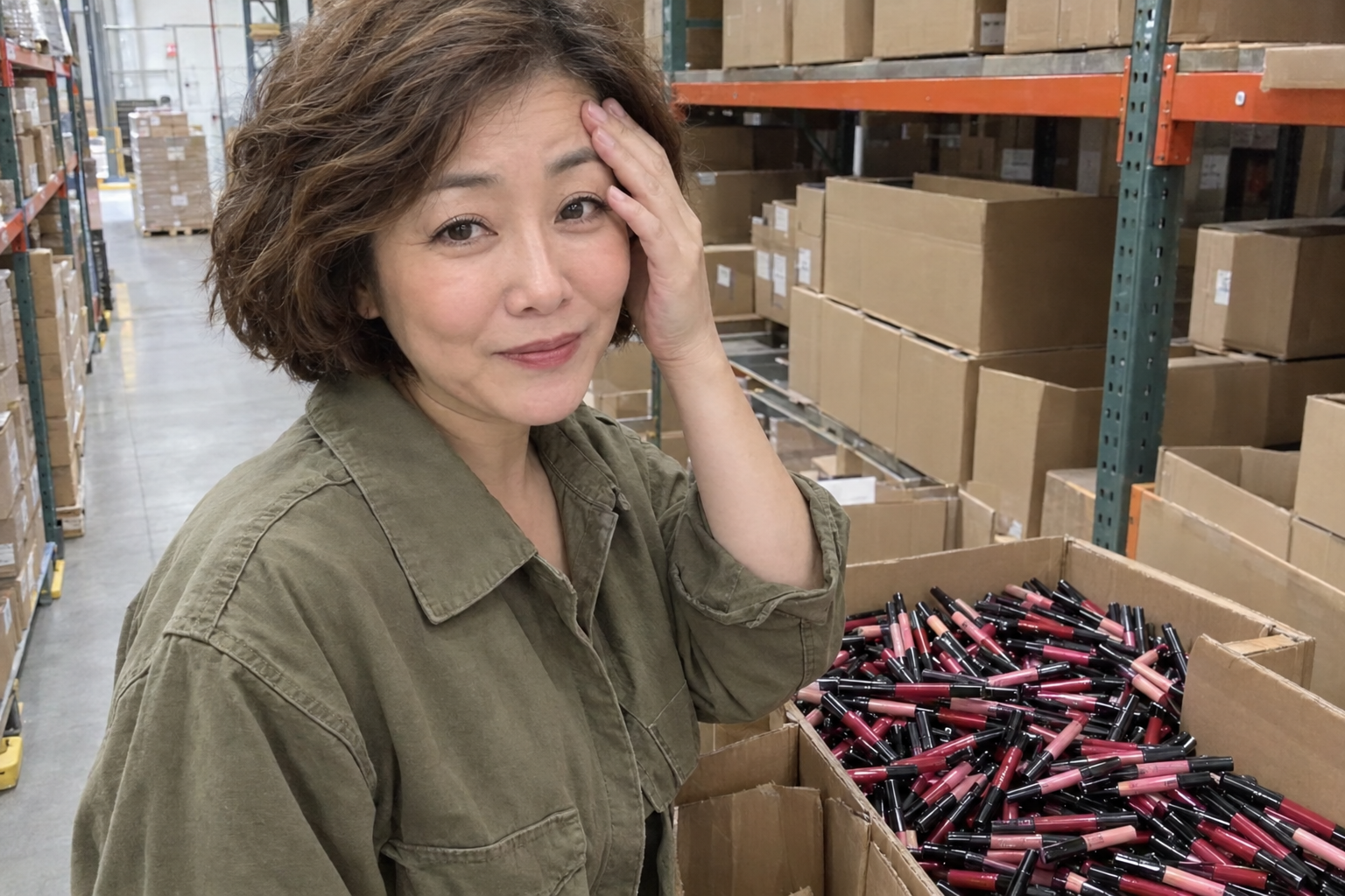 Our warehouse aisle, cartons of Signature Pens stacked to the ceiling