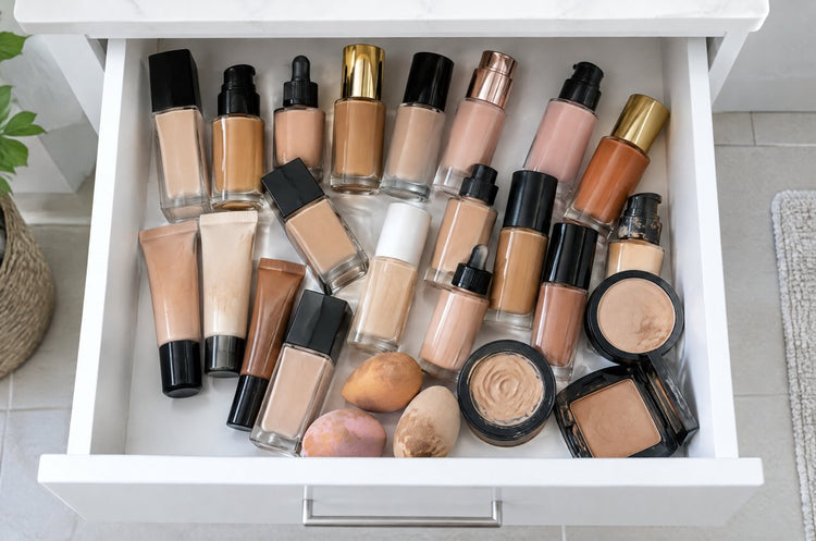 A drawer full of half-used foundation bottles