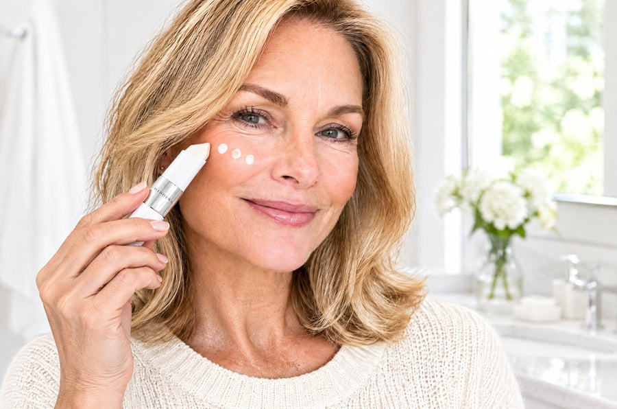 Dotting white cream on the cheek
