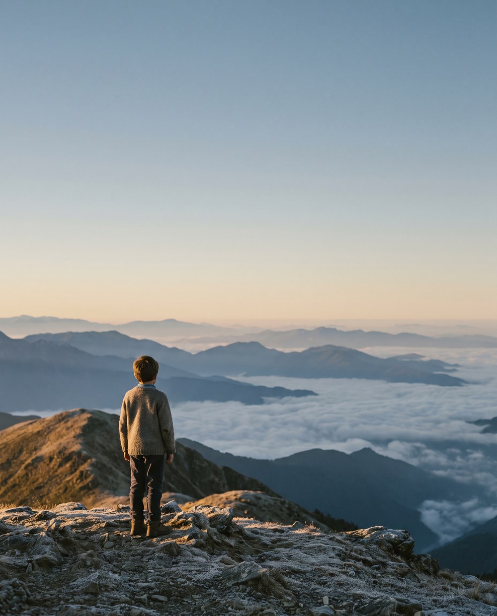 A child on a mountain ridge at dawn