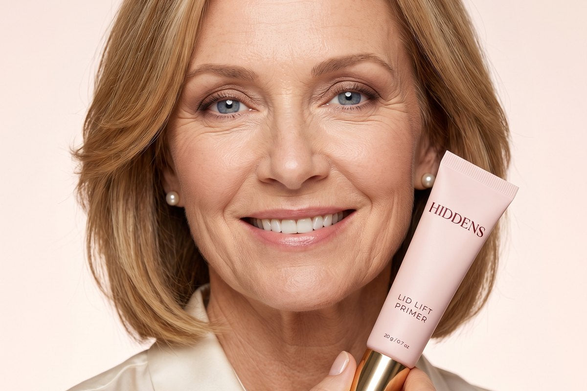 Woman over 50 with lifted lids holding the Hiddens tube