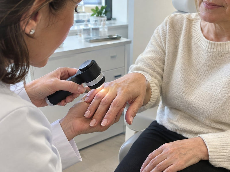 A dermatologist examining a patient's nails