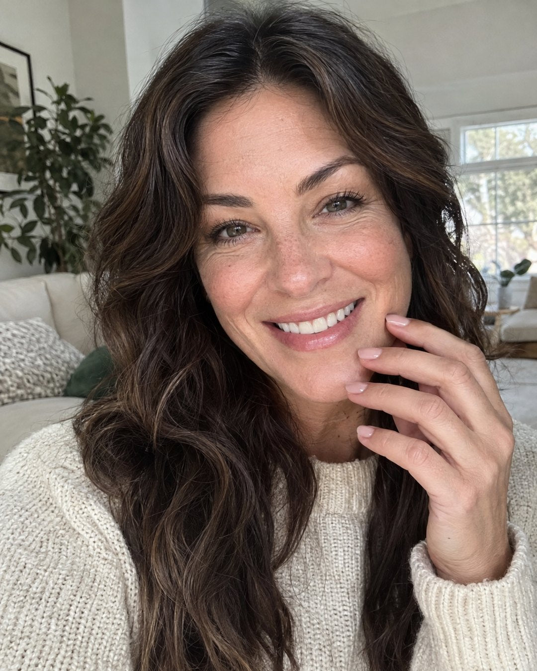 A woman smiling, showing her long painted nails