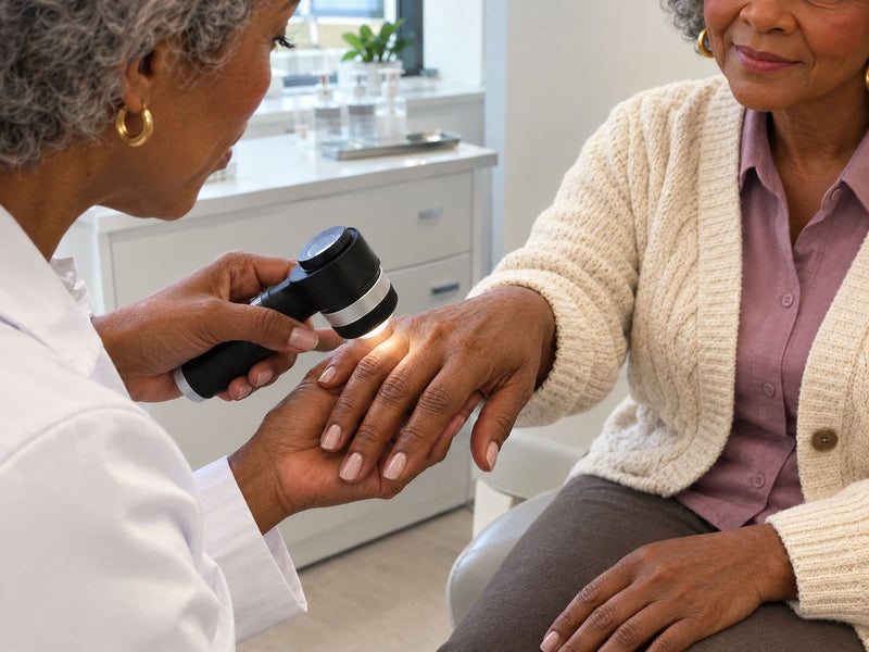 A dermatologist examining a patient's nails