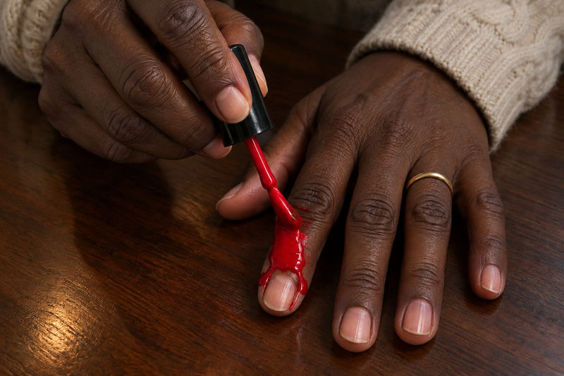Red polish flooding over the cuticle onto the skin