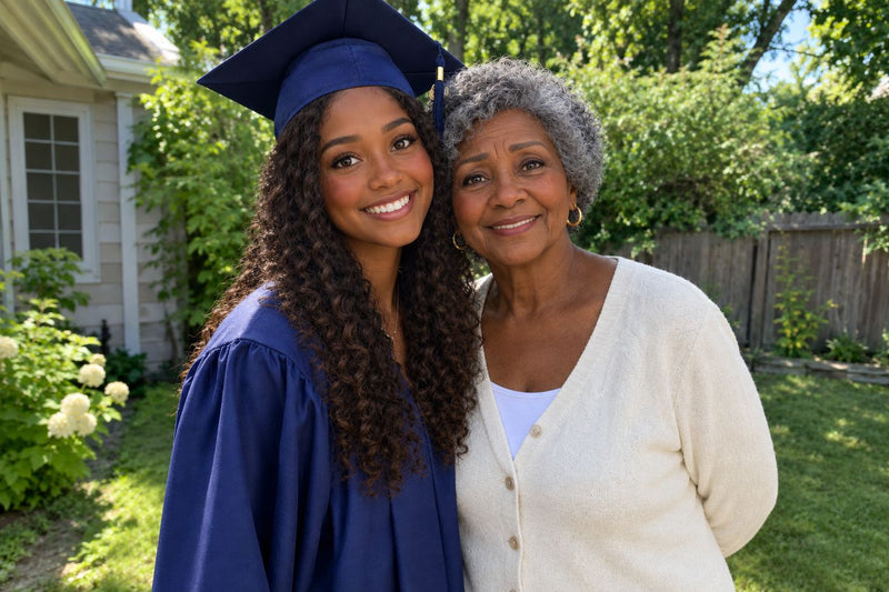 A grandmother at a graduation, hands hidden behind her back