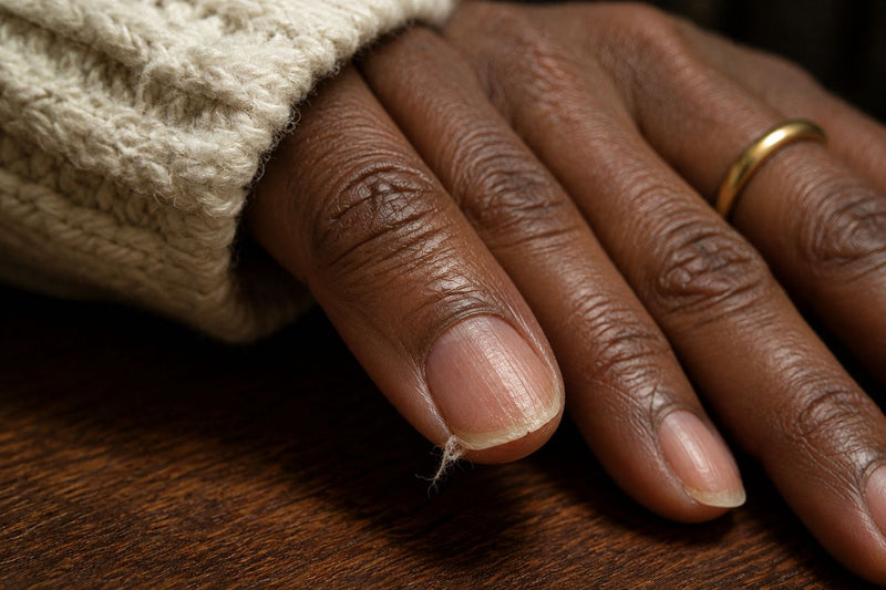 A thin nail tip peeling in layers, caught on a sweater