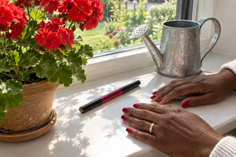 The cherry red pen on a sunny windowsill next to a watering can