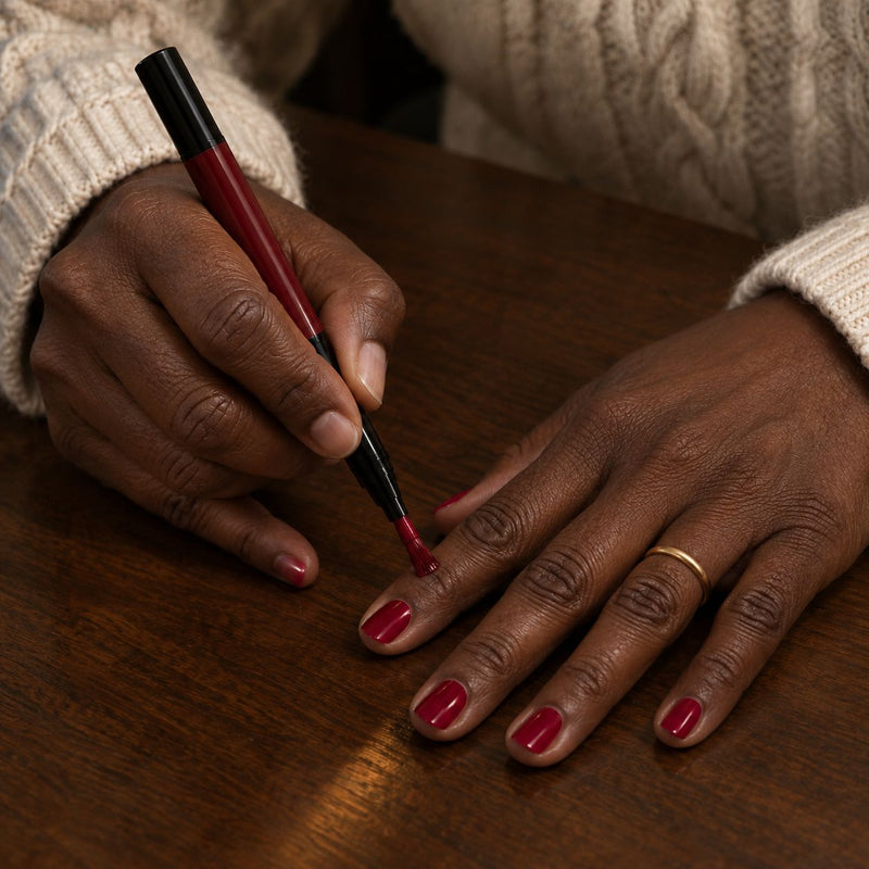 Holding the pen like a writing pen, pinky resting on the table