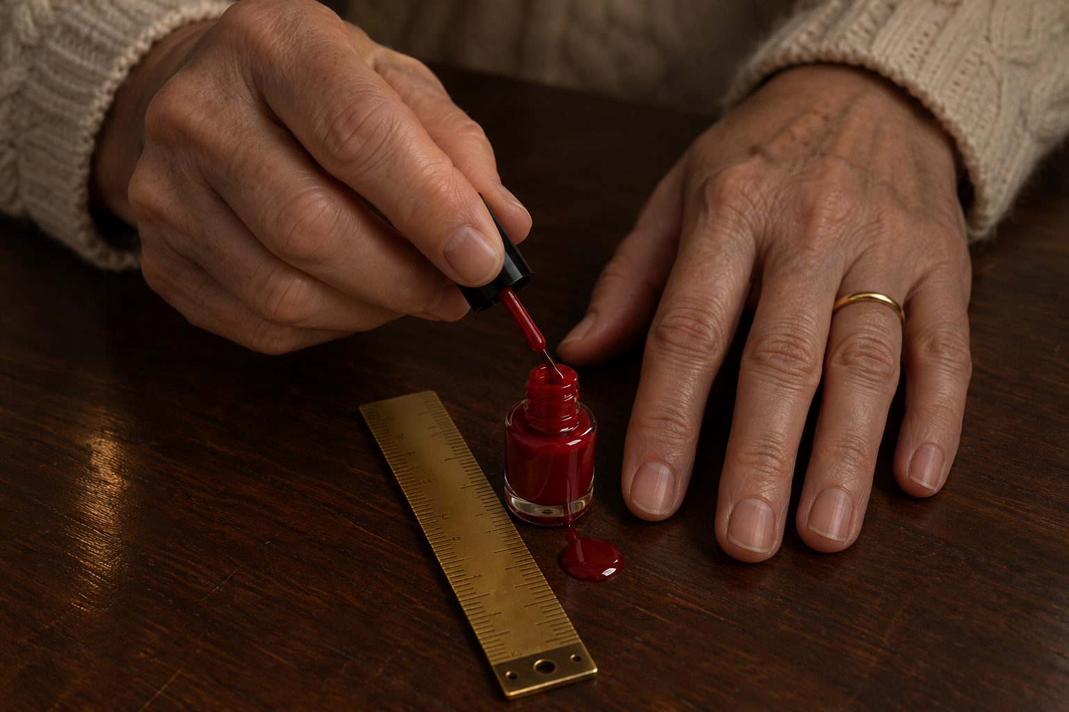 Older hands holding a tiny nail polish cap next to a ruler