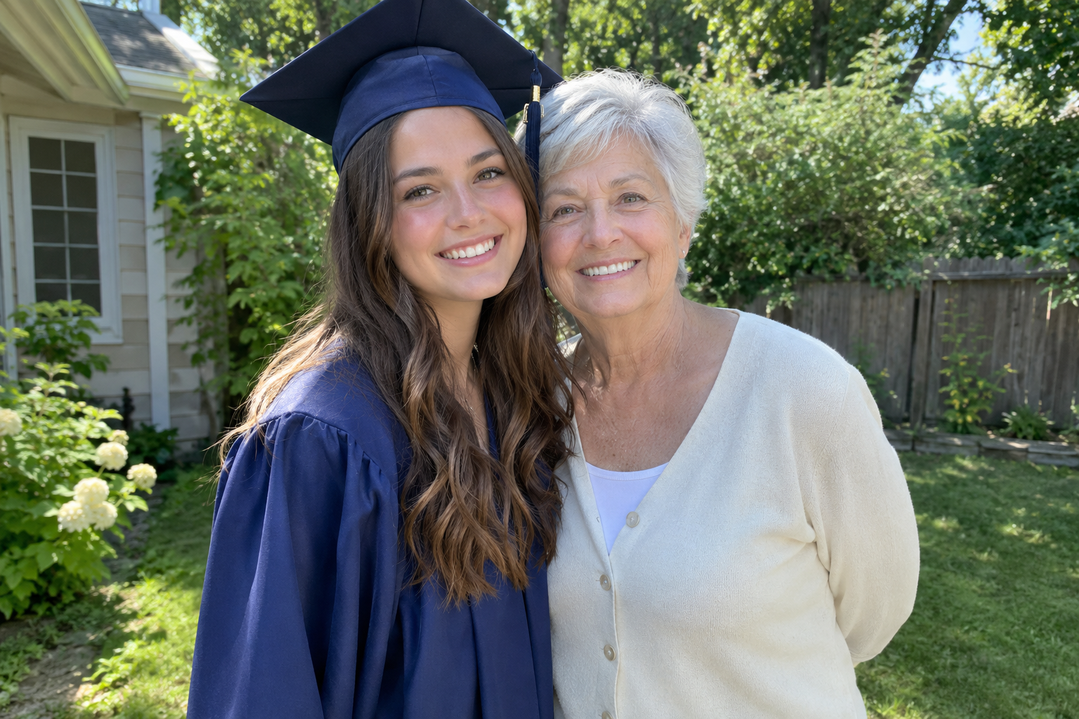 A grandmother at a graduation, hands hidden behind her back
