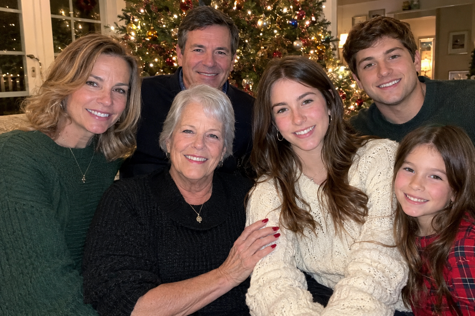A grandmother in the front row of a Christmas photo, red nails in plain sight