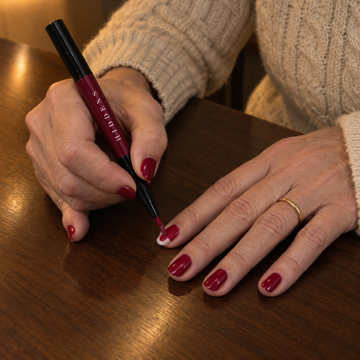 Holding the pen like a writing pen, pinky resting on the table