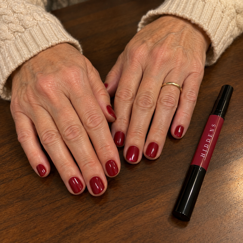 Glossy cherry nails next to the HIDDENS Signature Pen