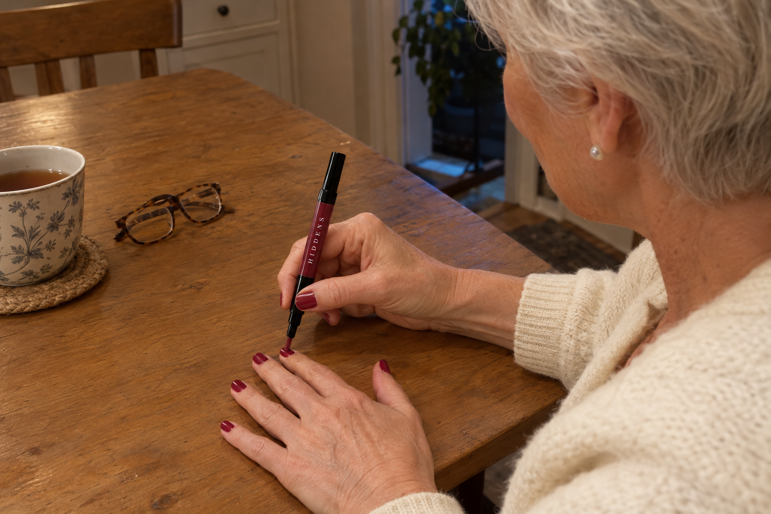 A woman painting her nails at her kitchen table with the pen