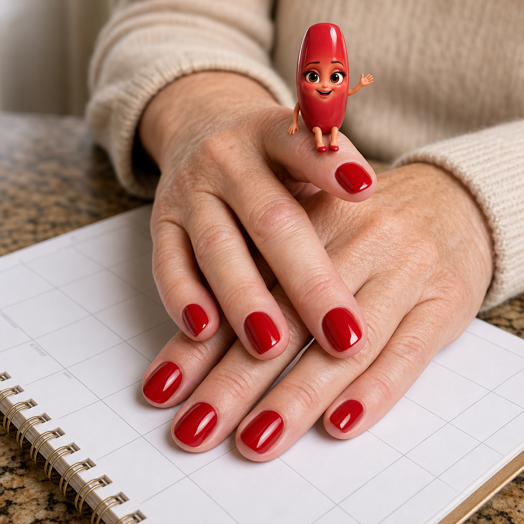 Glossy red nails resting on a calendar, Nell waving happily