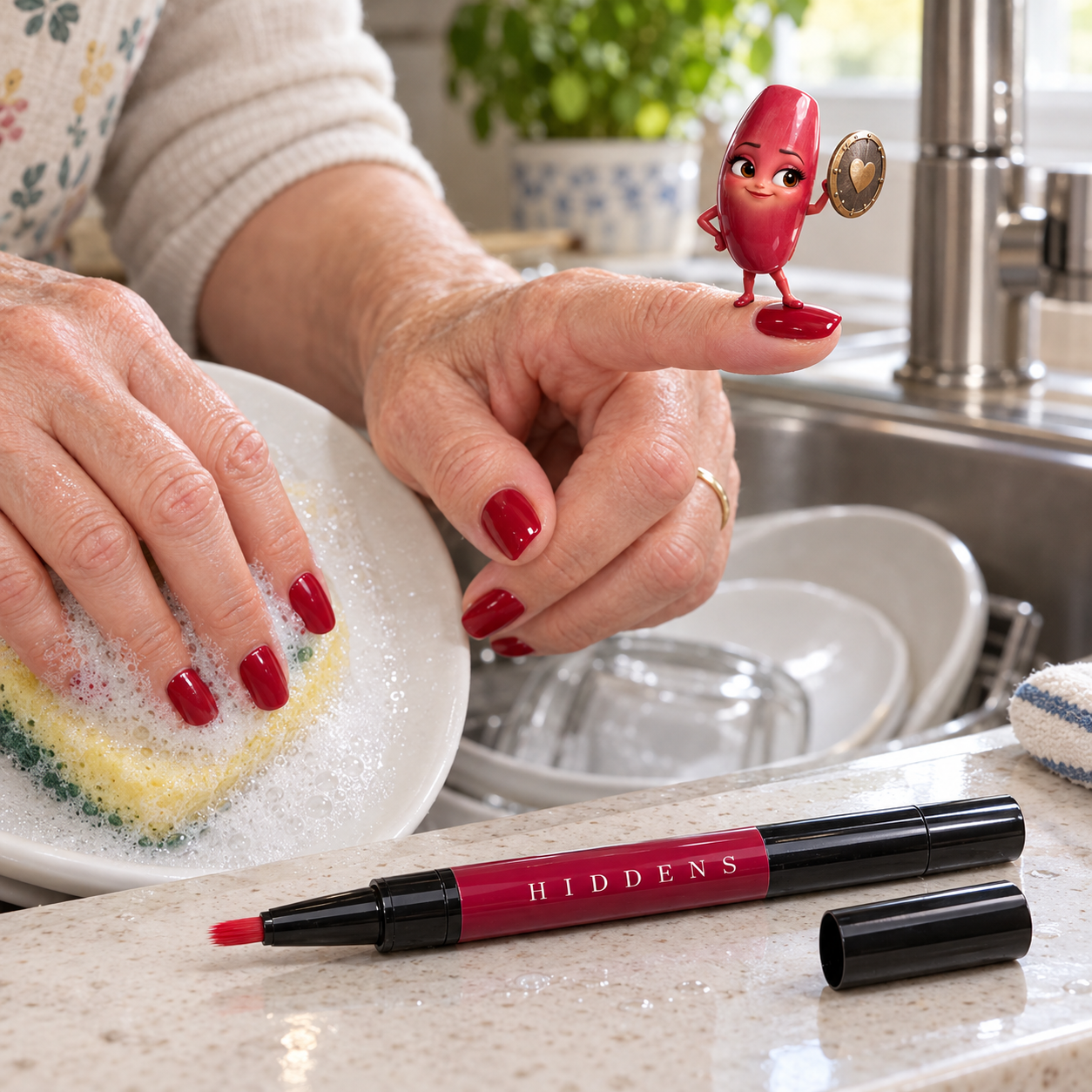 Nell, now glossy red, holding a shield at the kitchen sink