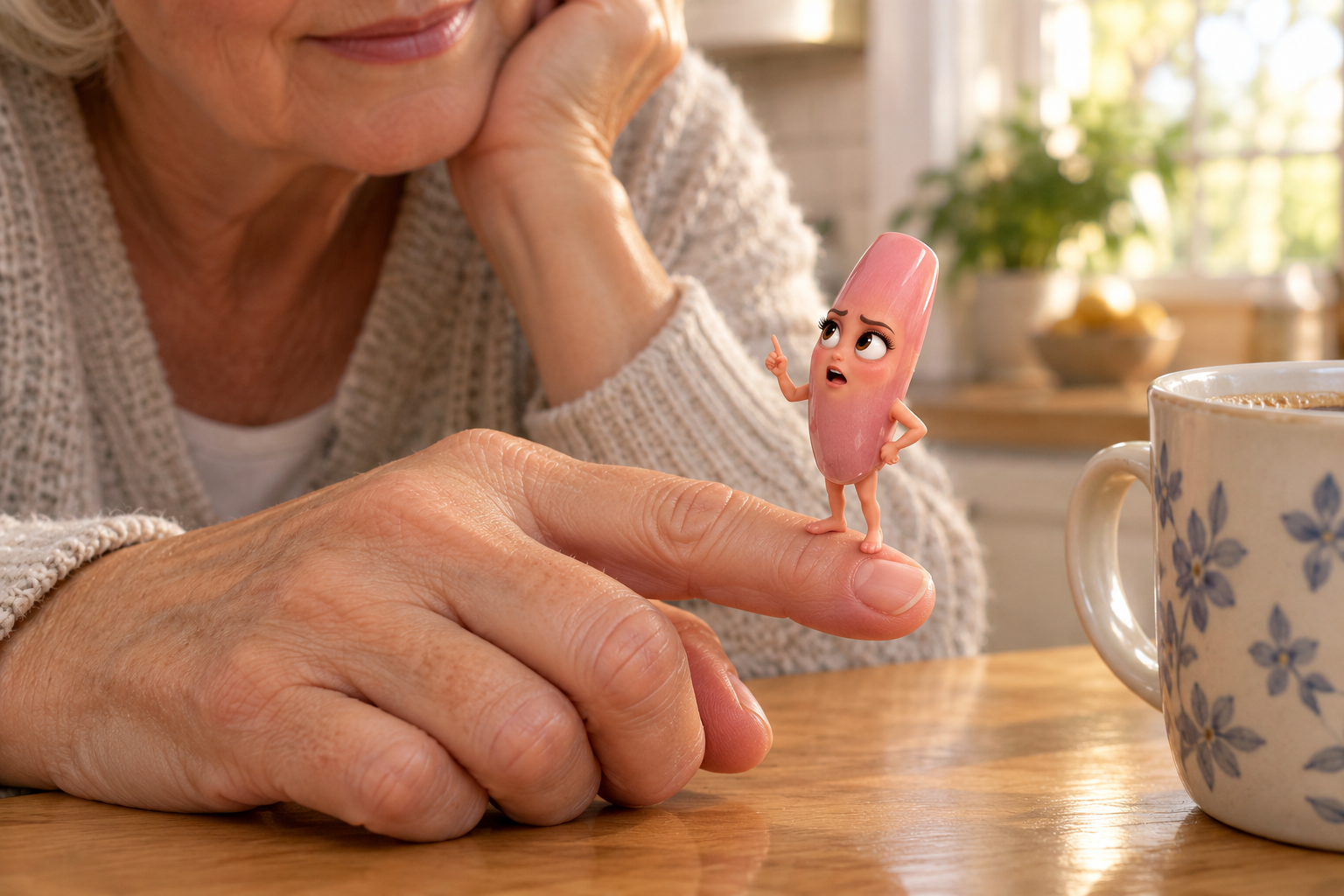 Nell, an animated fingernail, scolding her owner from a fingertip
