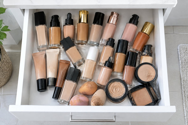 A drawer full of half-used foundation bottles
