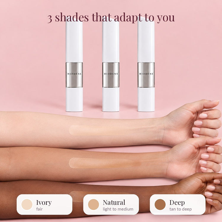 Ivory, Natural and Deep on three skin tones